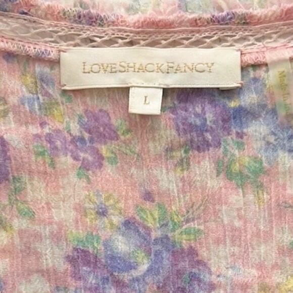 LOVESHACKFANCY Lanya Cherry Top Large Ruffle White Pink Embroidered Pink Tuscany - Picture 4 of 8